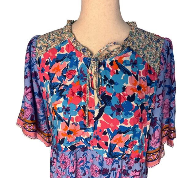 Umgee Size 1XL Dress Boho Blue Pink Floral Peasant Split Neck Rayon - Picture 3 of 8
